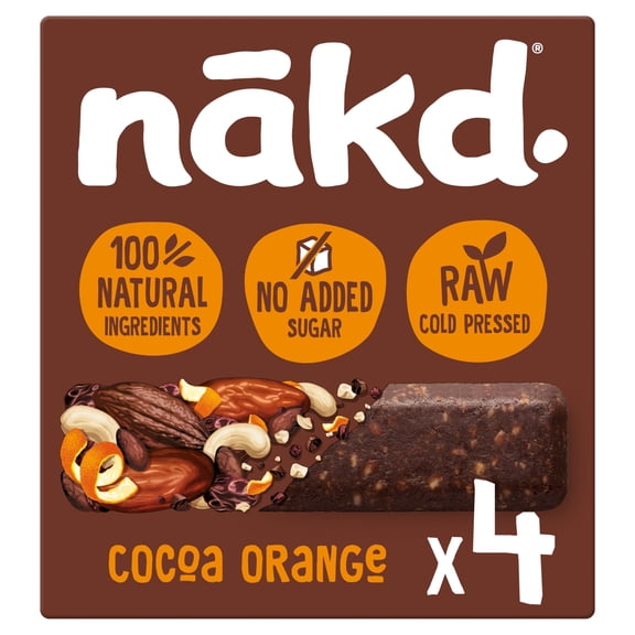 Nakd Cocoa Orange Fruit & Nut Bars 4 Pack 140g, Imported from Britain
