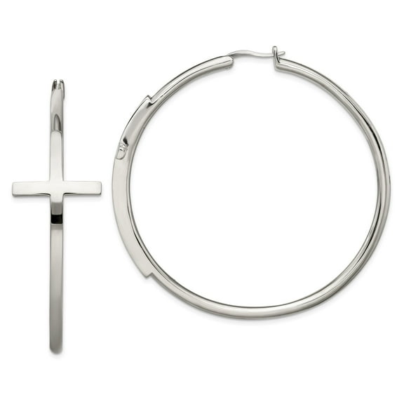 Stainless Steel Polished Hoop Earrings with Cross Accent for Women Minimalist Modern Fashion Jewelry for Everyday or Formal Wear Elegant Reflective Design with Timeless Spiritual Symbolism