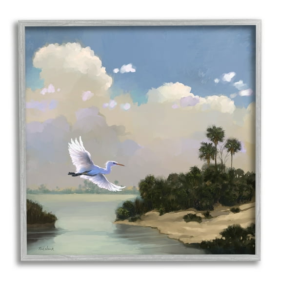 Stupell Heron Flying Over Coastal Inlet Nature Landscape Painting Gray Framed Art Print Wall Art