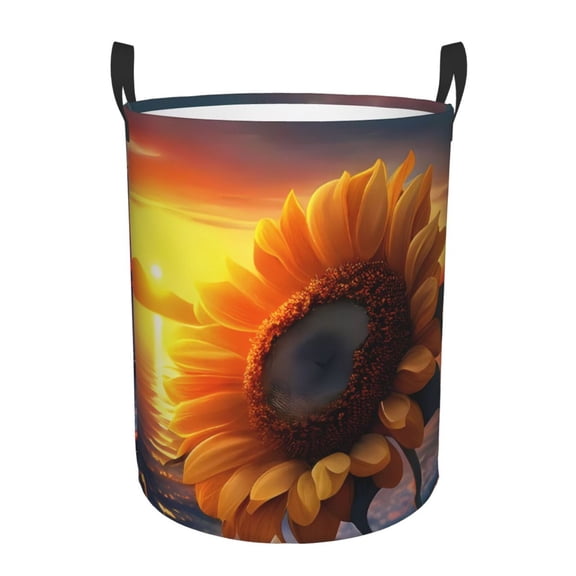 Honeii Sunset Coast Sunflower Print Laundry Hamper Basket,Baby Nursery Woven Storage Basket for Toys Bin,Pillows,Blankets,Clothes-Medium