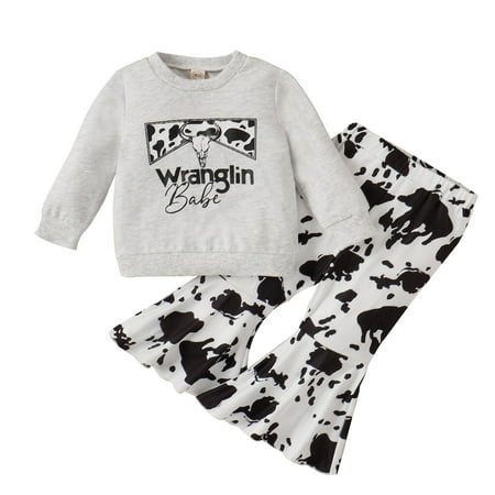 

BSDHBS Girl Outfits Set Toddler Girls Long Sleeve Cartoon Letter Printed T Shirt Pullover Tops Leopard Prints Bell Bottoms Pants Kids Outfits