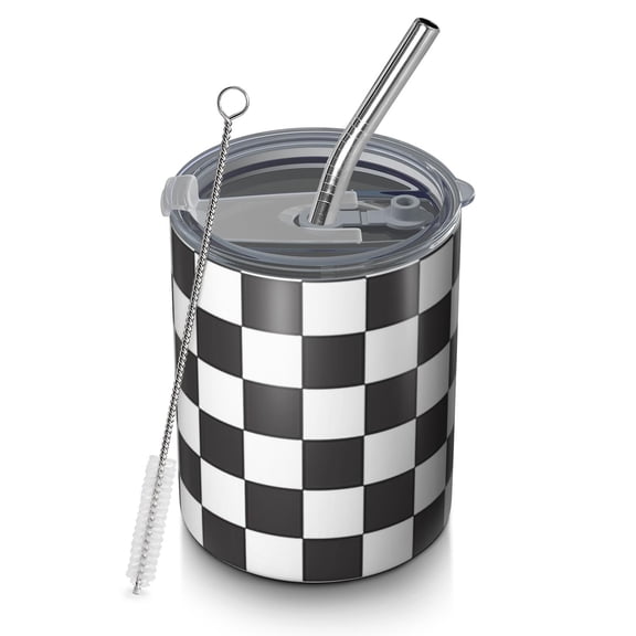 12oz Coffee Tumblers Black and White Checkered Pattern Stainless Steel Vacuum Insulated Travel Tumbler Coffee Cups Mug with Lid and Straw with Cleaning Brush for Cold & Hot Drinks