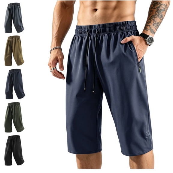 Domuza Capri Pants for Men 3/4 Long Straight-Leg Sport Shorts Quick Dry Workout Gym Beach Shorts with Zipper Pockets Dark Blue XL