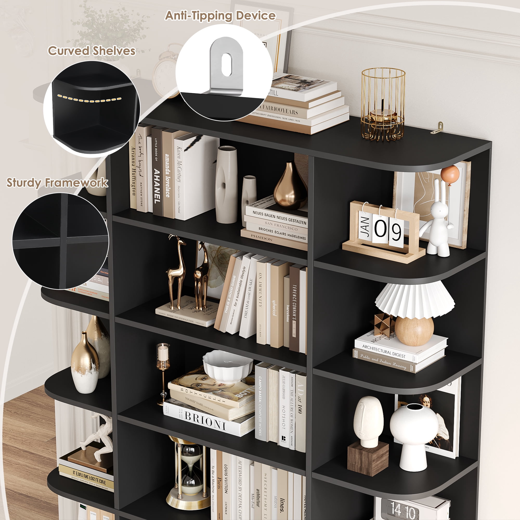 Homfa 7-Tier Triple Wide Bookcase, 84.6" Tall Bookshelf with Curved Display Shelves for Living Room Home Office Study, Black