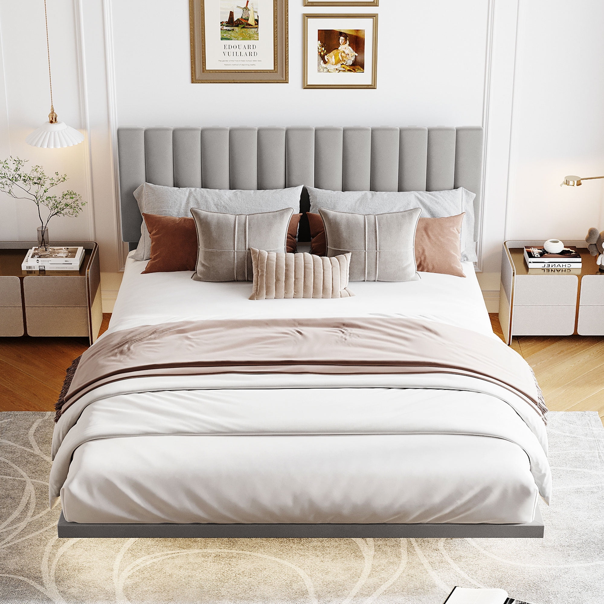 Yesfashion Modern Queen Bed Frame Floating Bed with Night Lights 660 ...