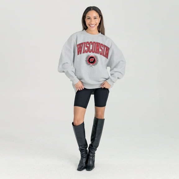 Women's Gameday Couture Ash Wisconsin Badgers Oversized Tradition Refined Premium Fleece Sweatshirt