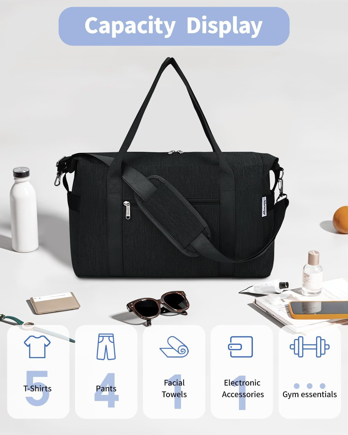 Weekender Bag Airline Approved Under Seat Carry on Basic Travel Duffel with Multiple Pockets Water-Resistant for Women and Men, 20L, Black