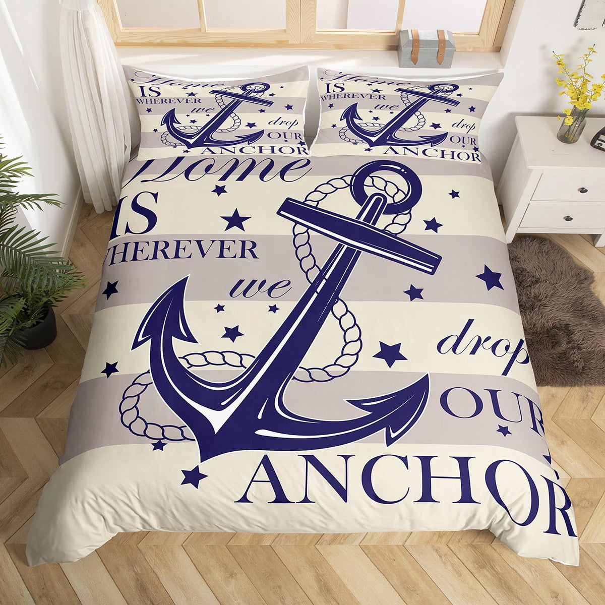 Nautical Anchor Duvet Cover Twin Size, Blue And White Bedding Set for