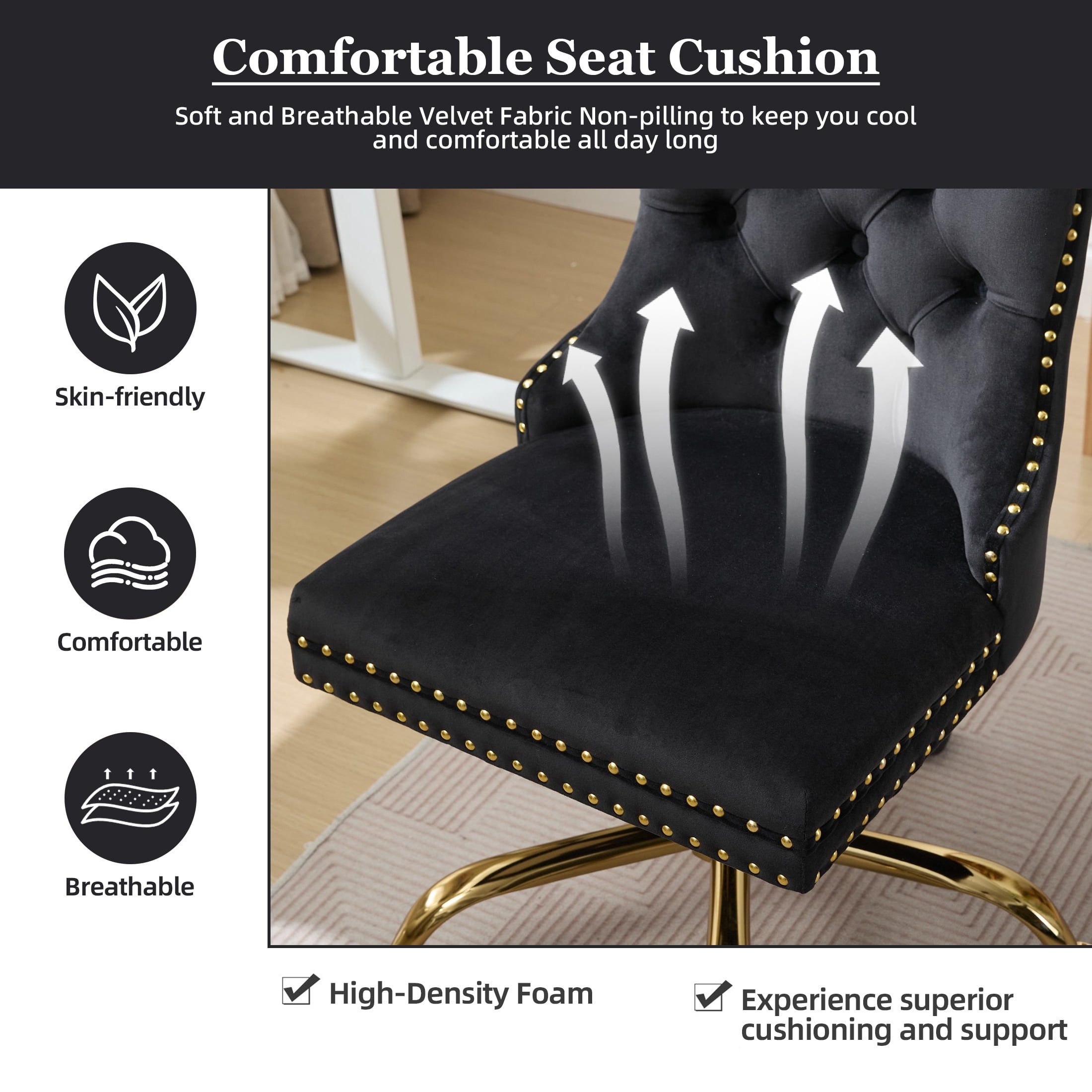 PAPROOS Vanity Chair, Swivel Home Office Chair, Ergonomic Home Desk Chair with Golden Metal Base, Adjustable Height, Velvet Upholstered Tufted Button Task Chair, Black