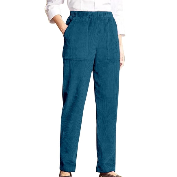 Pantalones de pana Prolriy para mujer, pantalones casuales de pierna recta a rayas, con cintura elástica, color liso, con personalidad, color azul marino, talla XXL.