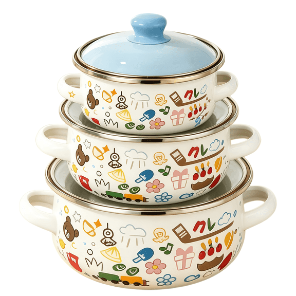 3 Piece Enamel Pot Set with Lids, Persimmon Shaped Cookware with Double Handles, Versatile Stew and Serving Pots