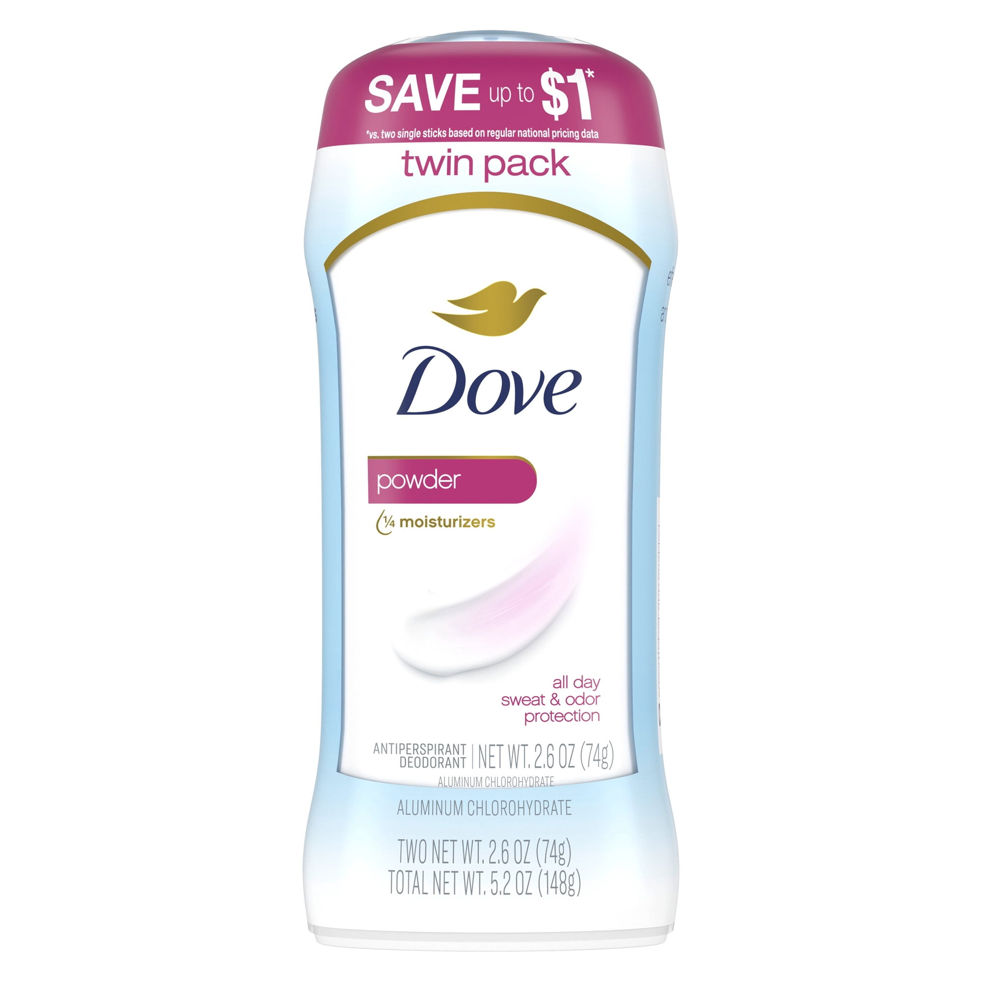 Dove Invisible Solid Antiperspirant Deodorant Stick For Women, Powder, For All Day Underarm Sweat & Odor Protection ,2.6 oz 2 Count