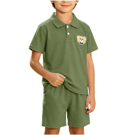 Fnooota Boys Summer Outfit Sets Casual Short Sleeve 2 Piece Polo Shirts and Shorts Sets Green Size 5-6 T