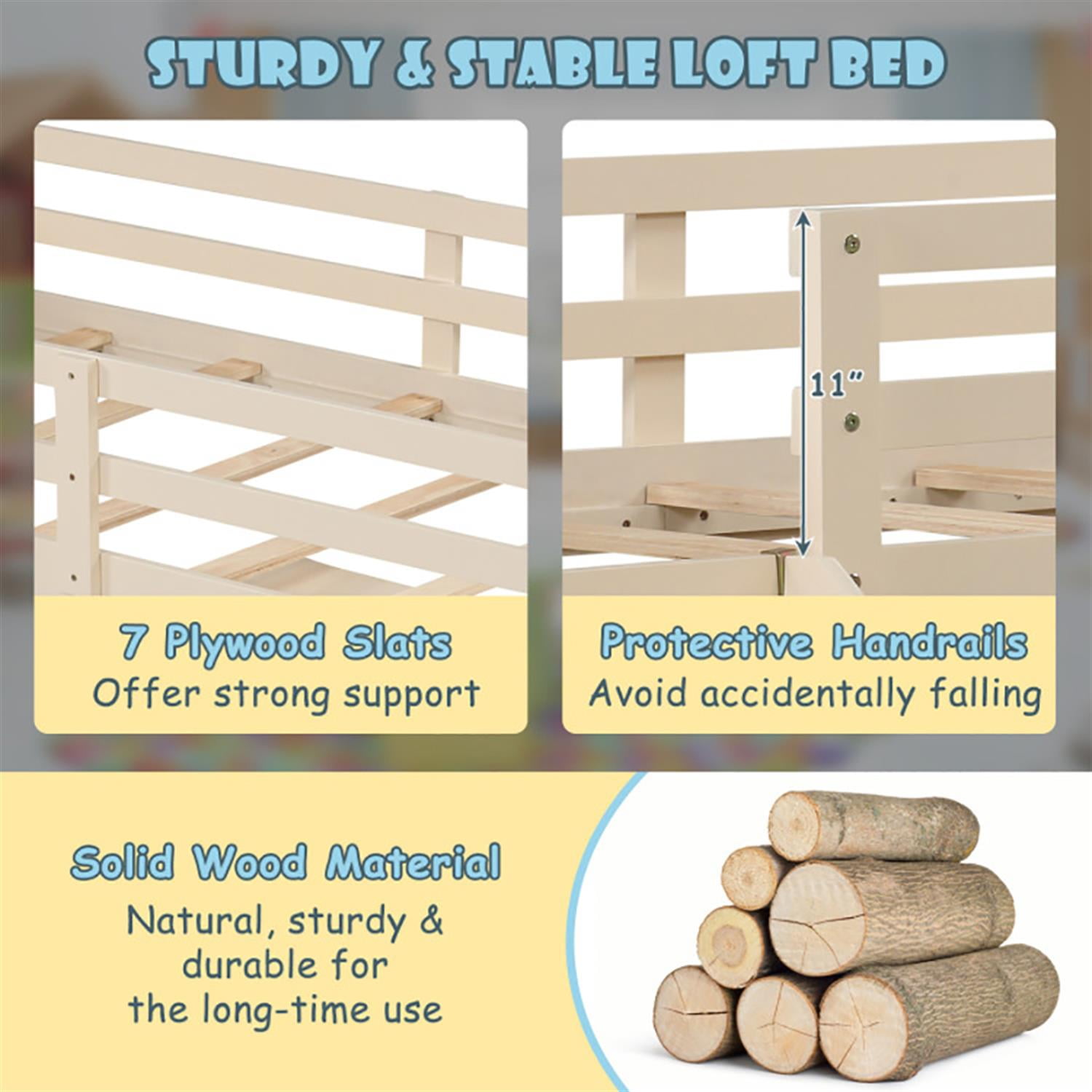 Demi Bonn 3-In-1 Twin Loft Bed with Slide Ladder Drawers Teens, Solid Wood Loft Bed with Ladder and Full-length Guardrails, Beige