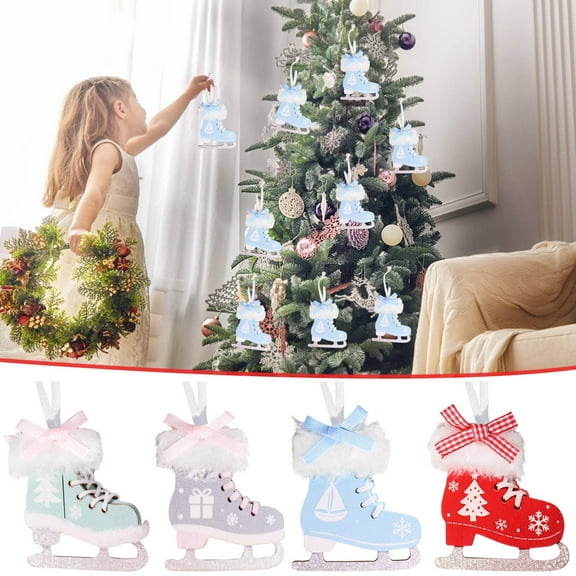 Fwttom Christmas Tree Ornaments, Wooden Skates Hanging Christmas Decorations with Christmas Bows, Fuzzy Skate Pendant for Holiday, Shelves, Xmas Tree Decor
