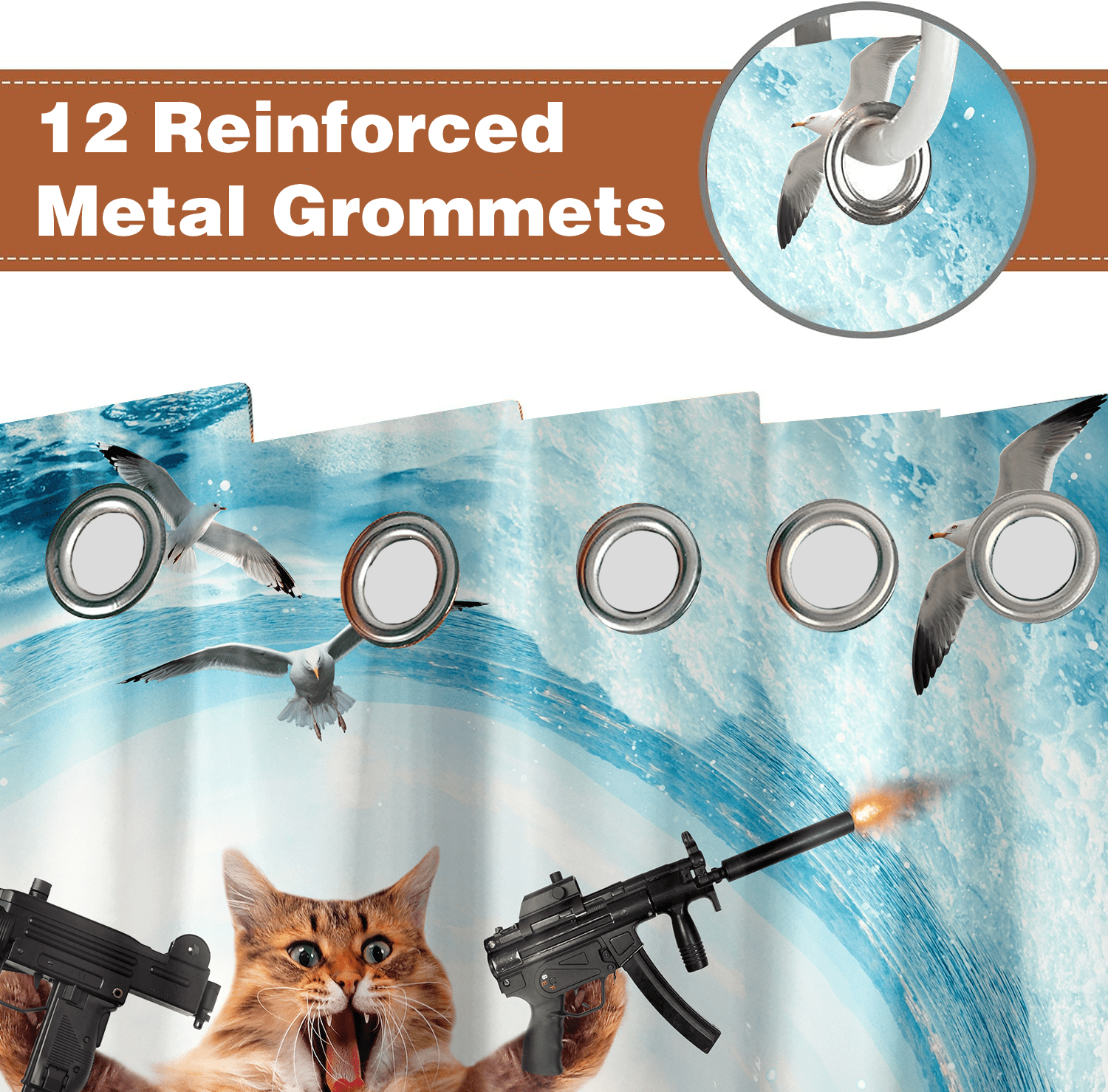 Funny Cat Shower Curtain for Bathroom, Cat Shower Curtains for Boys, Funky Cat Riding Shark Fighting on Blue Ocean Fabric Waterproof Shower Curtain Sets with Hooks,Navy Blue Beach Theme Curtains