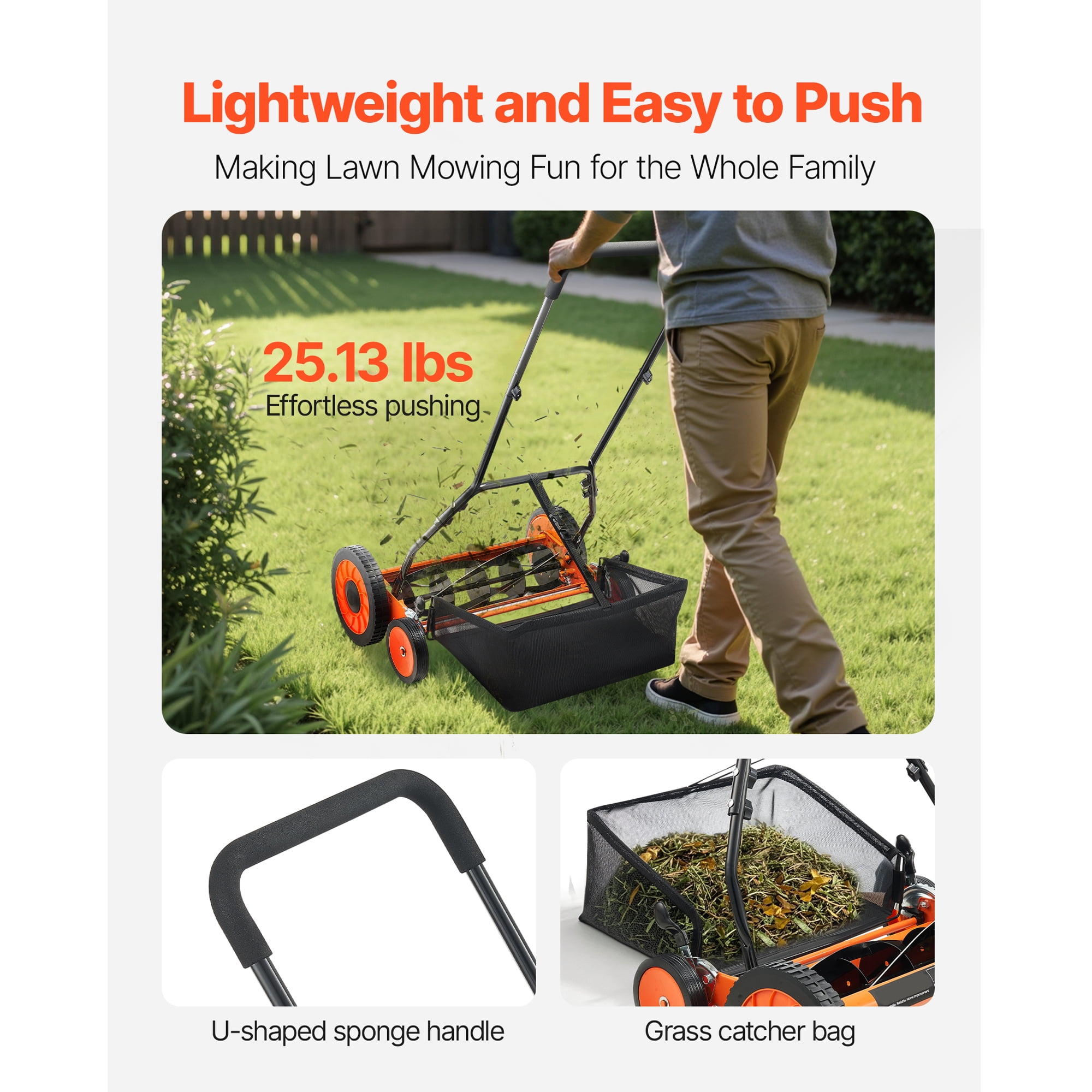 KFFKFF 18-Inch Manual Push Reel Lawn Mower, 5-Blade Design, Adjustable Cutting Height from 1.37 to 2.44 Inches, Walk-Behind Mower with Grass Collection Bag for Lawns, Driveways, and Courtyards