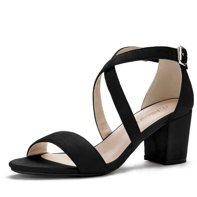 Women's Solid Color Open Toe Cross Strap Mid Chunky Heel Sandals