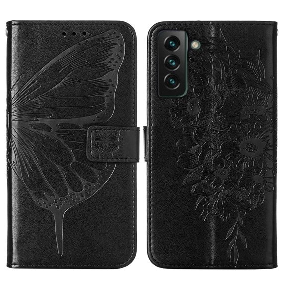 Wallet Case for Samsung Galaxy S22 Plus 6.6 Inch with PU Leather Kickstand Bracket Card Slots Magnetic Clasp Flip Folio Phone Case, Butterfly Pattern Soft TPU Wrist Strap Shockproof Cover,Black