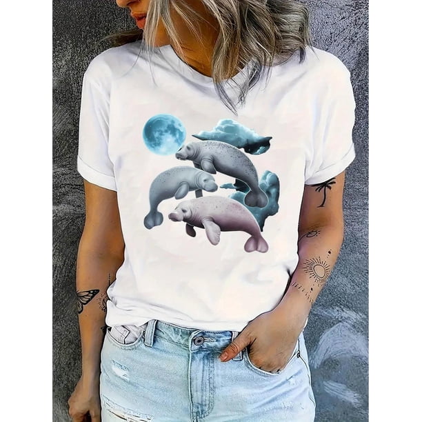 Women'S Casual Crew Neck T-Shirt with Creative Seal and Moon Print, Fashionable Short Sleeve, Medium Stretch Polyester 95% Spandex 5%, All-Season Comfort Summer Top