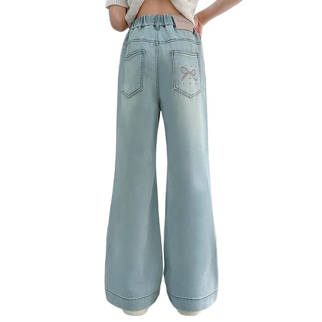 Pantalons Fille Loose Pants Wide Leg Baggy Jeans Elastic Waist Denim Pants With Pockets Girls Jeans Blue 6 Years-7 Years