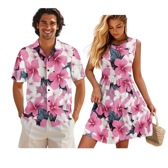 KUIFORTI Couple Matching Outfits Lightweight Pink Flower Matching Men and Women Outfits Hawaiian Shirt for Men Breathable 4-Way Stretch Suitable for Everyday Casual Wear