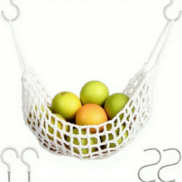 Fruit Hammock ,Under Cabinet Macrame Basket for Kitchen with Hooks,Hand-Woven Boho Fruit Holder Net Organization,Banana Basket for Home Dining Room Cabinet Decor Boat Camper Rv