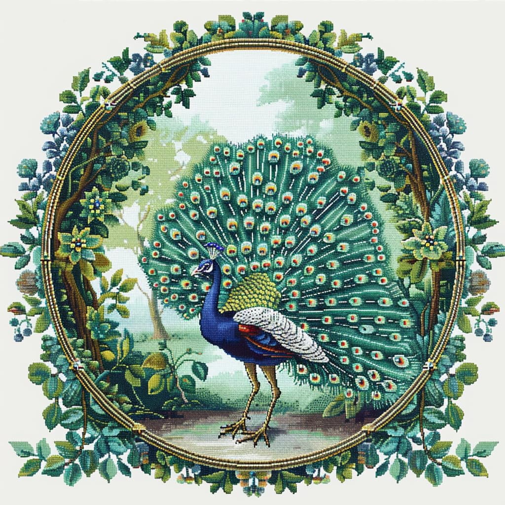 A Peacock in Circle DIY 11CT Stamped Cross Stitch Kits for Beginners Easy Needlepoint Embroidery Counted Cross Stitch Art Craft for Wall Decoration 16x16inch(6)