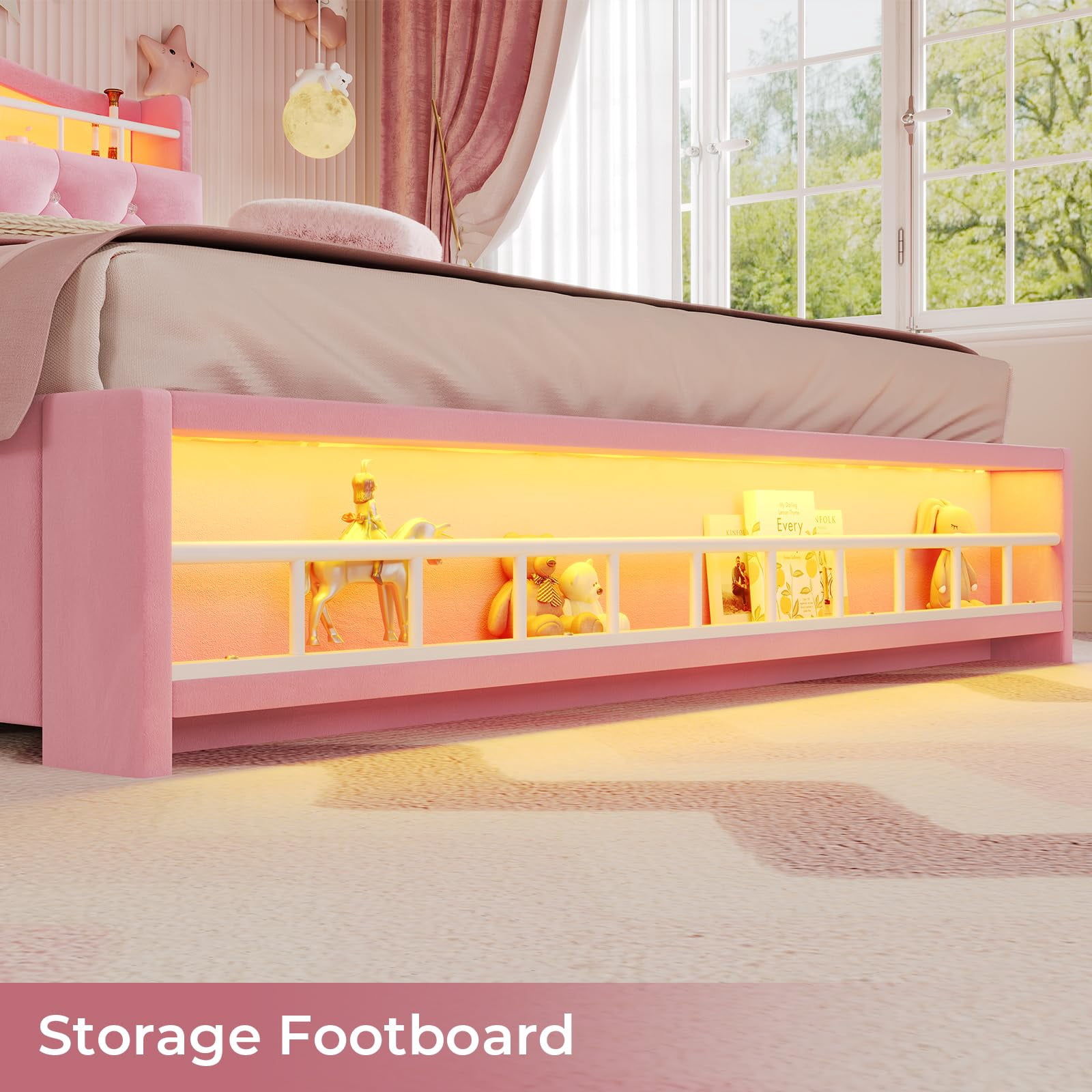 Afuhokles Full Size Bed Frame with LED Lights and 4 Drawers, Velvet Upholstered Platform Bed, Headboard with Charging Station and Crystal Button, Pink