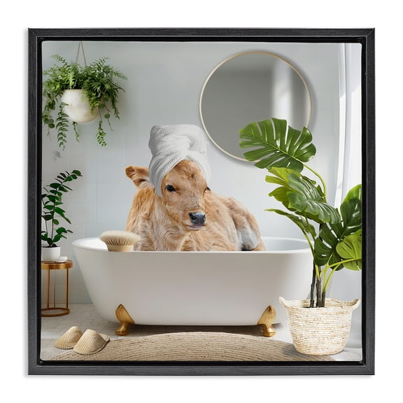 Stupell Industries Pampered Cow in Bath Animals Painting Black Floater Framed Canvas Art Print Wall Art, 18 x 18