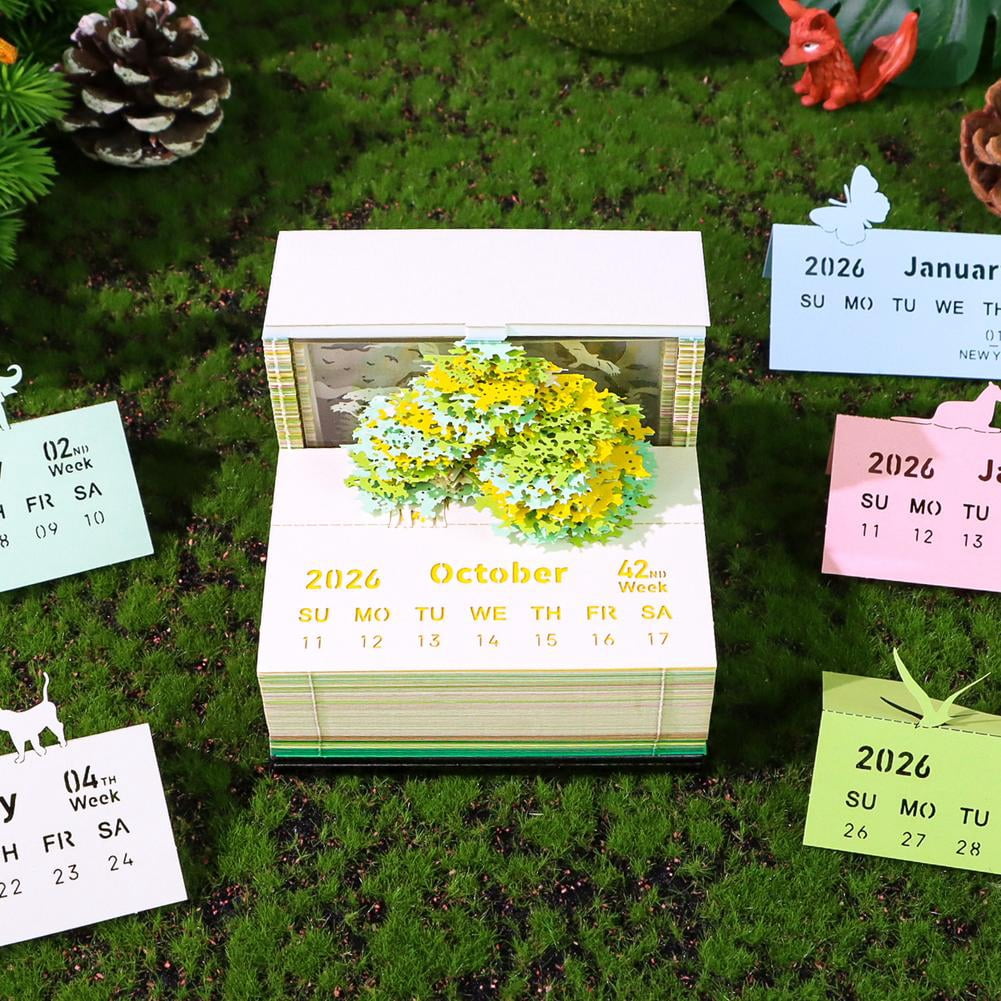 ZOUBAOQ 3D Desk Calendar 2026, 3d tear away calendar, Desk Calendar Weekly Planner with Light, 3D Memo Pad Creative Time Piece Calendar Magic Tree Rip Away Paper Carving
