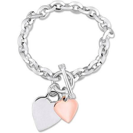 Two-Tone White and Rose Sterling Silver Heart Charm Link Bracelet, 7.5