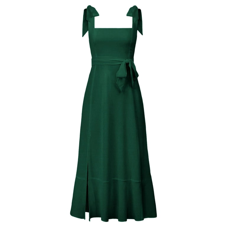 Oplxuo Women's Square Neck Ruffle Split Midi Elegant Formal Wedding Guest Cocktail Bridesmaid Graduation Party Dresses, Size: XL, Green