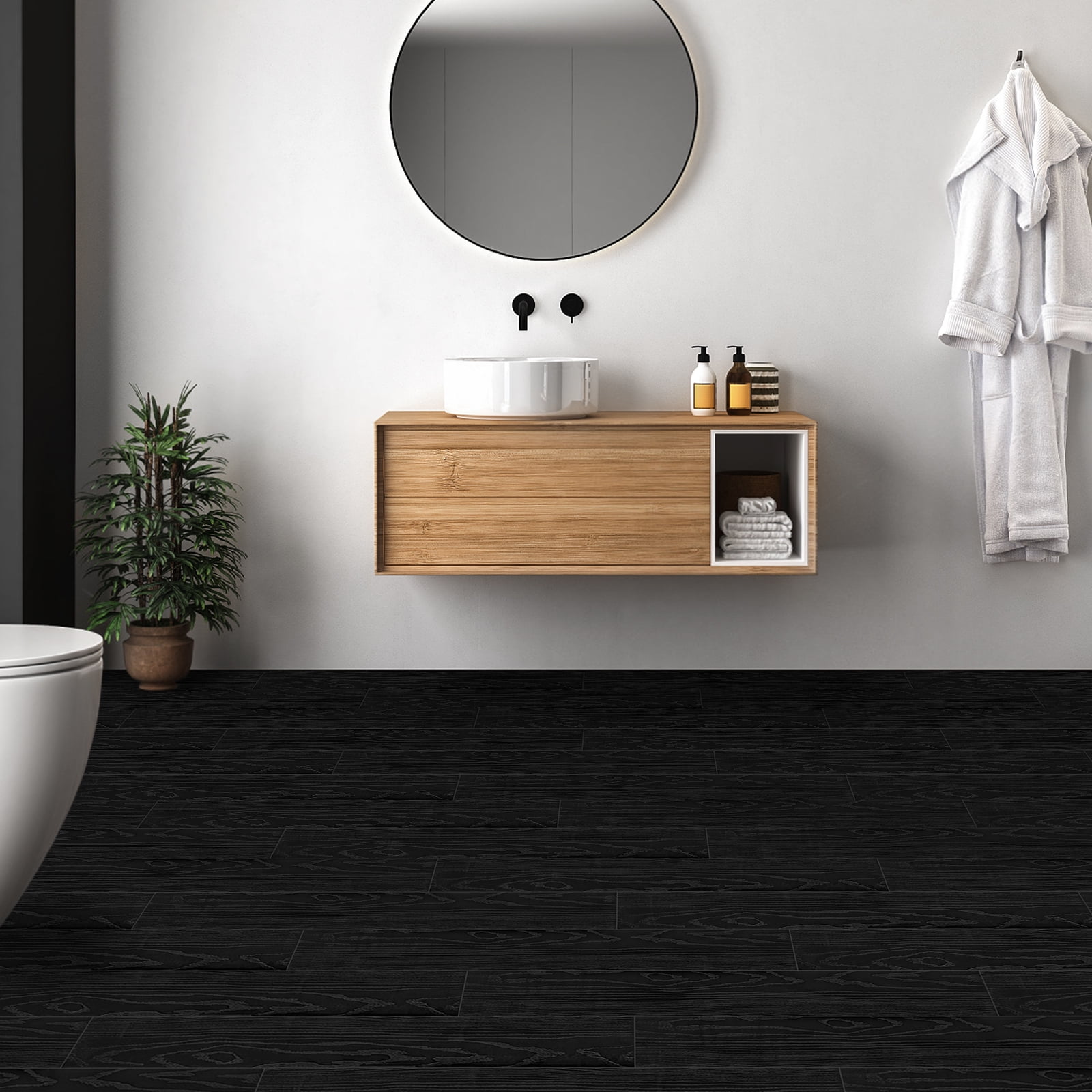 UMIGGEE Black Peel Stick Flooring 35-in x 5.7-in x 1.0mm 20-Pcs Vinyl Flooring Wood Grain Floor Tiles Easy to Install for Bathroom Kitchen Living Room
