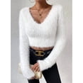 thumbnail image 6 of Female'S Fuzzy Long Sleeve V Neck Crop Sweater Casual Plain Slim Fit Warm Knitwear Sweater Pullovers White L, 6 of 7