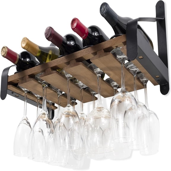 Barrel Wall Mount Wood Floating Wine Rack with Glassware Holder Stemware Shelf Organizer for 5 Bottle and up to 15 Glass Storage - Kitchen Dining Room Bar Décor