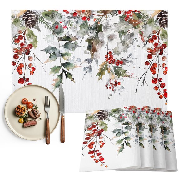 Christmas Placemats Set of 6, Xmas Tree Botanical Red Berry Pinecone Washable Wipeable Table Mats for Dining Tables, Indoor Outdoor Kitchen Place Mats for Holiday Party Table Decor