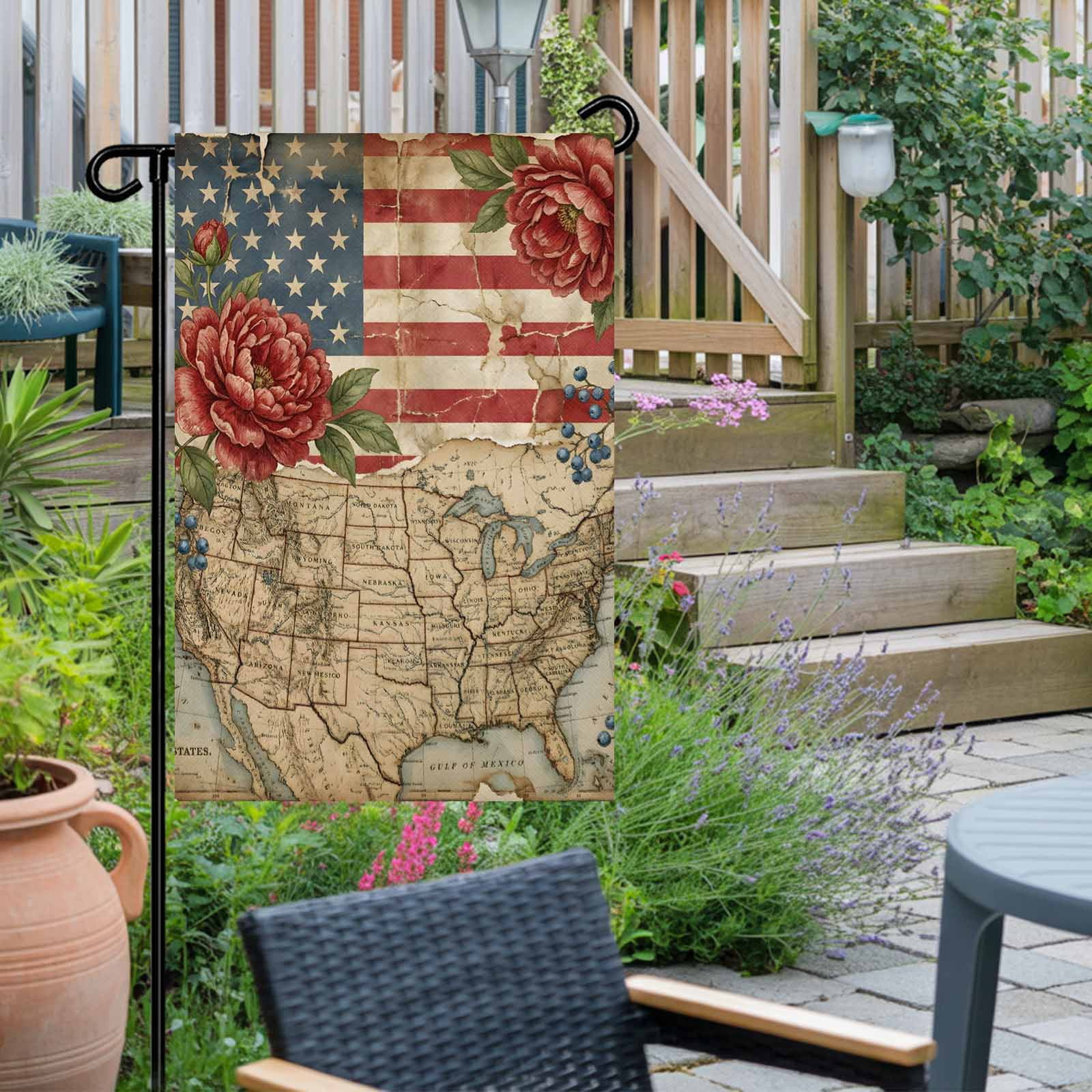 4th of July Garden Flags Retro American Flag Garden Flag Double Sided Welcome Flag Cottagecore Usa Map Red Peony Independence Day Yard Flags for Outdoor Lawn Porch Memorial Day Decor 28x40 Inch