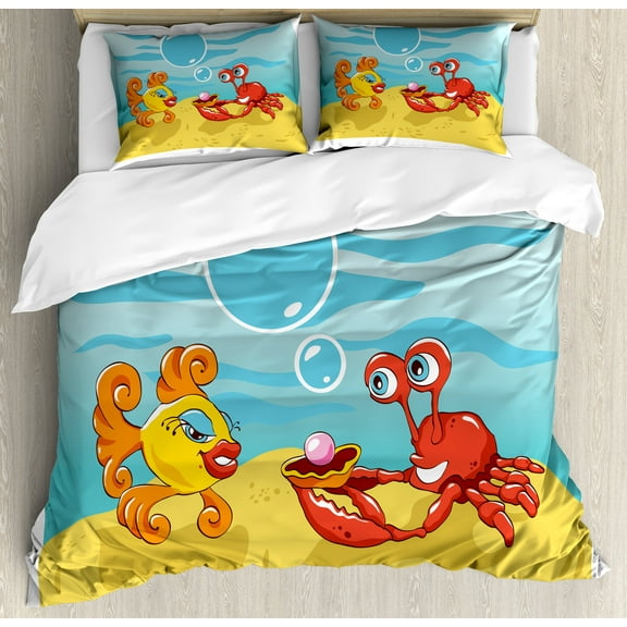 Engagement Party Duvet Cover Set, Under the Sea Cartoon Fish and Crab with Sand Pearl Proposing, Decorative 3 Piece Bedding Set with 2 Pillow Shams, King Size, Yellow Red and Blue, by Ambesonne