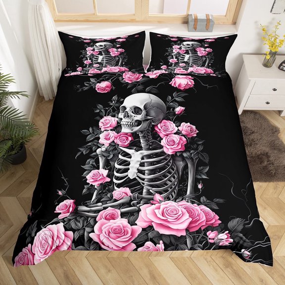 Skull Rose King Size Bedding Set Pink Floral Valentine'S Day Comforter Cover Gothic Skull Duvet Cover Skeleton Flowers Black Quilt Cover Adults Women Room Decor(No Comforter)