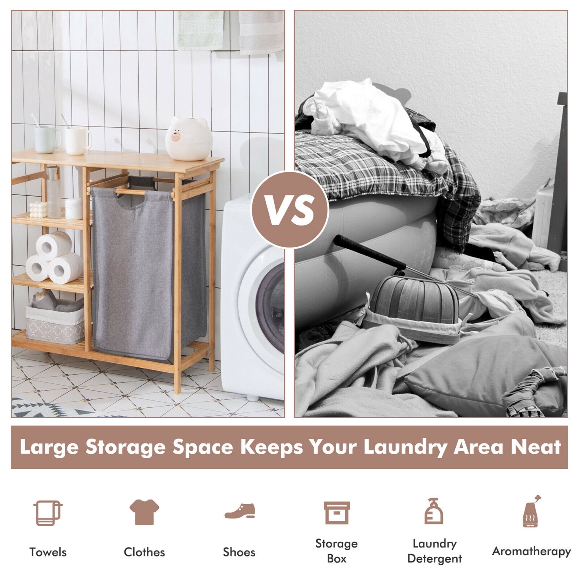 Gymax Laundry Hamper Basket Table Bamboo w/Storage Shelves and Sliding Bag