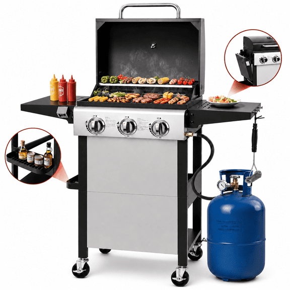 Syngar 3-Burner Propane Gas Grill with Side Burner, 30,000 BTU Outdoor BBQ Grill with 287 sq.in. Main Cooking Area, Stainless Steel Construction, Side Shelf, Ideal for Patio, Backyard, Garden