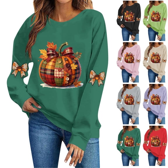 DeeHomeMo Women's Crew Neck Long Sleeve Pullover Sweatshirt Patchwork Pumpkin Bow Maple Leaf Graphic Print Cozy Casual Fall Sweatshirt for Women Autumn Wear Army Green,L