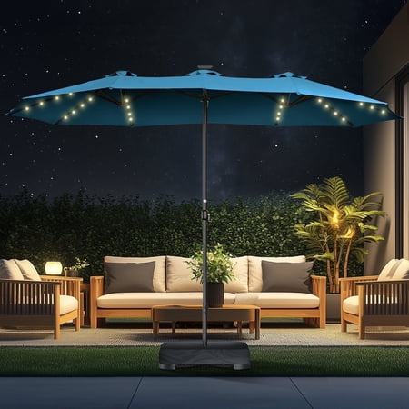Patbrela 15ft Patio Umbrella with Light and Base Double Sided Large Rectangular Outdoor Umbrella with Crank Handle for Garden Yard Poolside and Outdoor Activities Blue