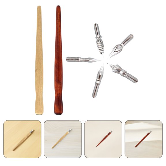 FUEENIRVA 1Set Wood Dip Pen Holder with Metal Nibs Ergonomic Design for Calligraphy Drawing