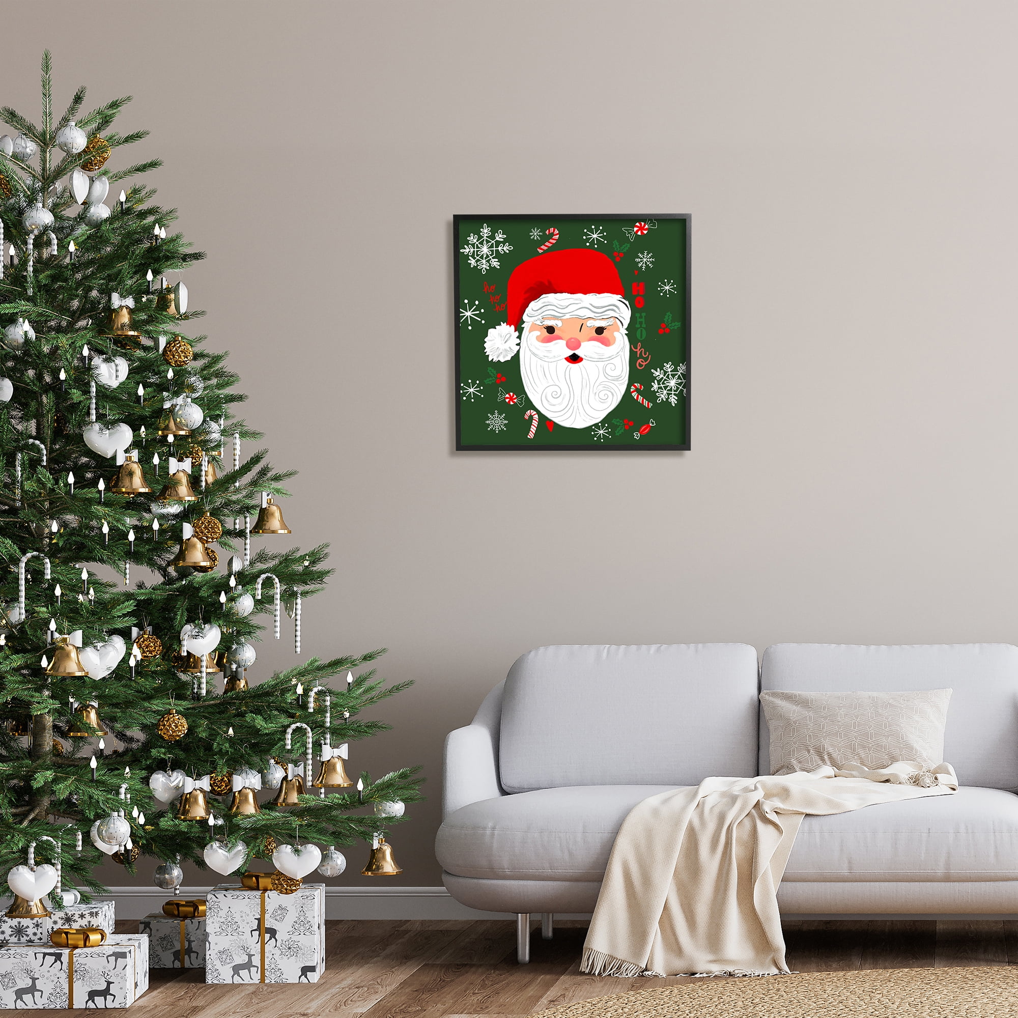 Stupell Industries Jolly Santa on Green Holiday Painting Black Framed Art Print Wall Art, 24 x 24
