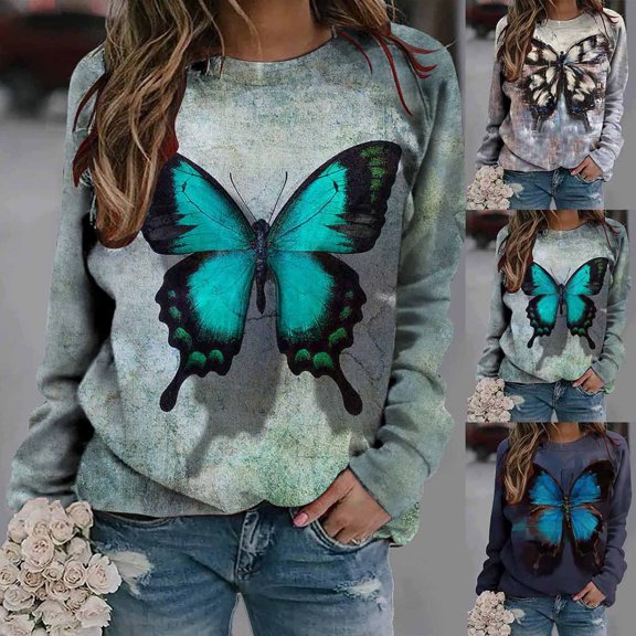 Azrian Womens Tops 2023,Women Long Sleeves Casual Shirts Butterfly Print Round Neck Sweatshirt O Neck Pullover Loose Sunset Print Tunic Tops Clearance Sale