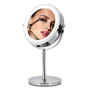 AMZTOLIFE Makeup Mirror with Lights,10X Magnifying Mirror LED Lighted Vanity Mirror,7 Inch Polished Chrome Finish,Rotates 360 Degrees, Double Sided Round Mirror.