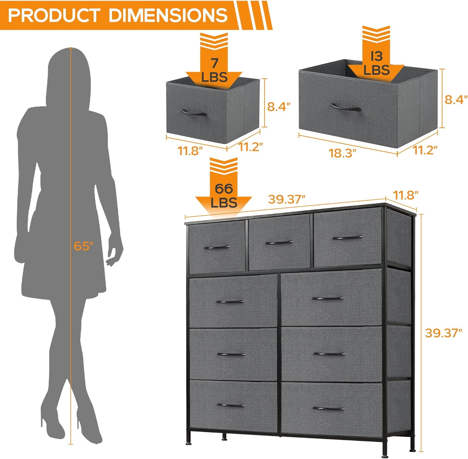 9 Drawer Dresser, Wide Chest Of Drawers Nightstand Storage Tower Storage Dresser Fabric Dresser With Wood Top for Living Room, Bedroom, Hallway, Grey