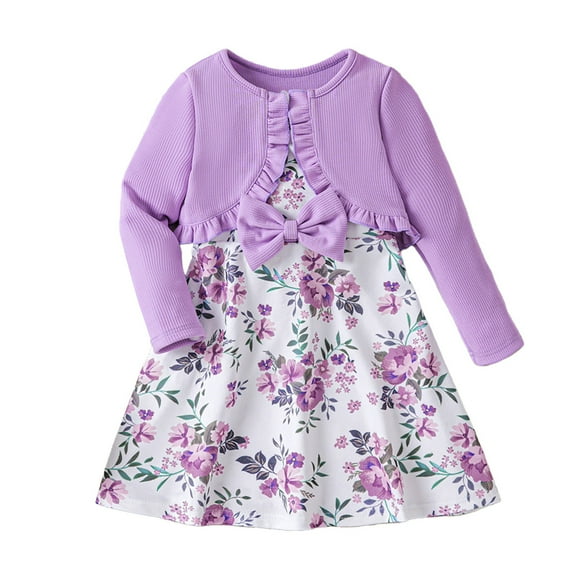 REDARER Girls' Flowers Print Long Sleeved Top Coat Sleeveless Bowknot Dress Two Piece Set,6-12 Months